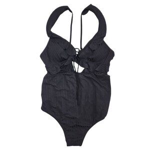 Black Ribbed Halter One-Piece Swimsuit With Ruffle Detail   Size XL